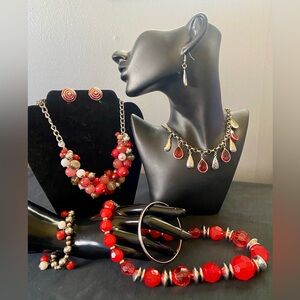 Red and Silver Tone Jewelry Set, 3 necklaces, 2 bracelets, 2 earrings